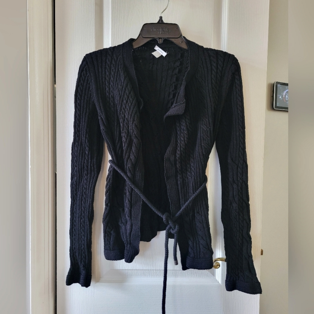 Max Mara Vintage Cable Knit Belted Open Front Cardigan Sweater Black Size Medium